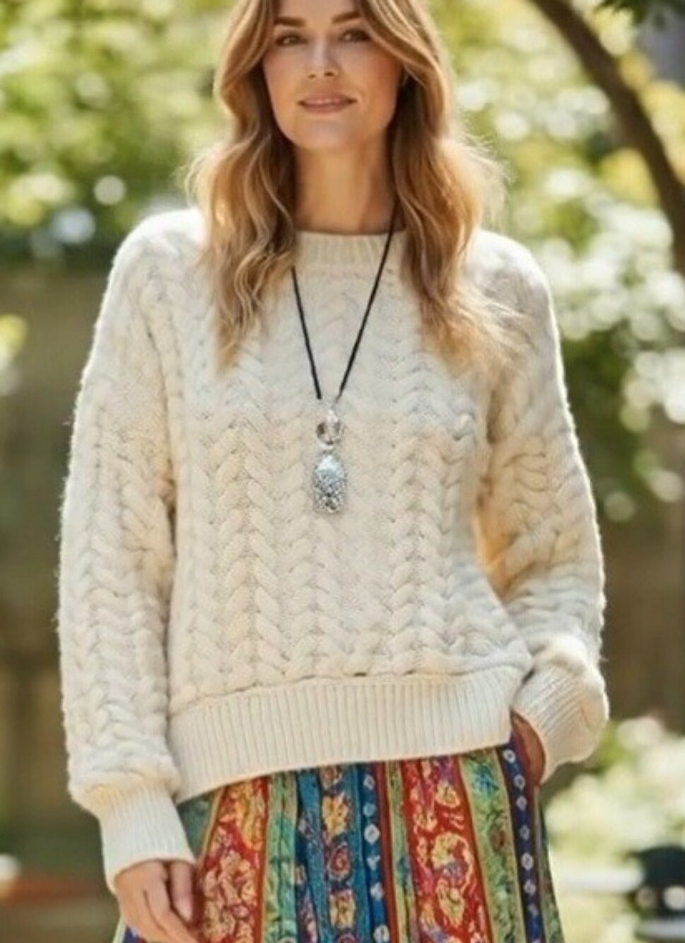 NWOT KBB Chunky Off White Open Cable Knit Sweater Women's Sz L Textured Plush